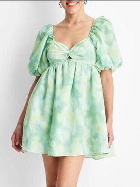 Target Future Collective Green Tie-Dye Puff Sleeve Baby Doll Mini Dress- L